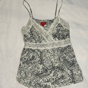 ELLE Sleeveless Top White Black Embroidered Lace Tank Cottage Size M